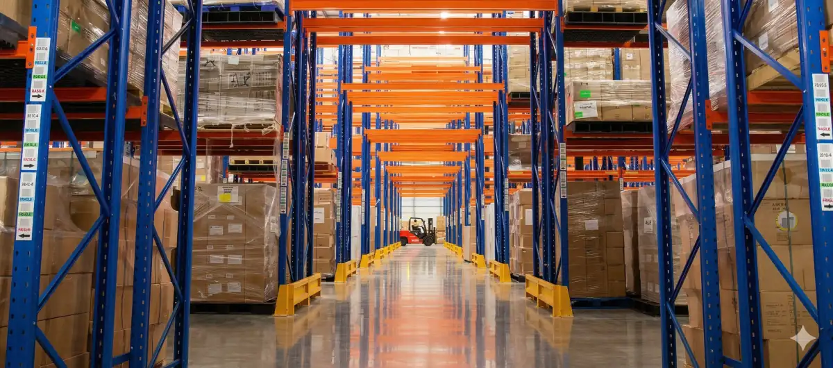 Interior de bodega logística con estanterías de almacenaje industrial